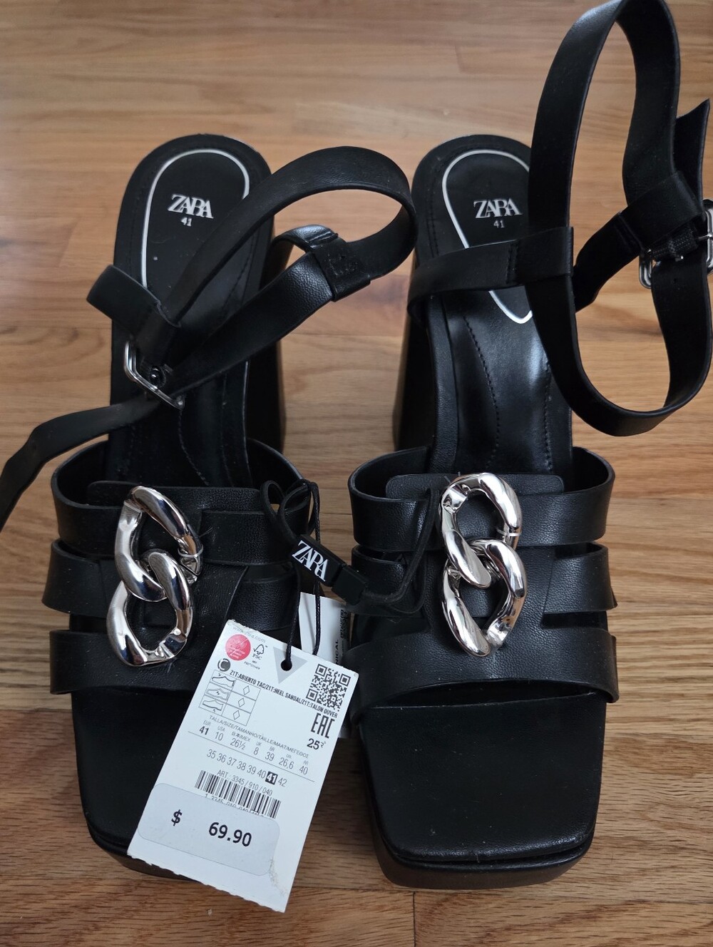 NWT Zara Black Platform Chain Detail Heeled Sandals Size 41 / US 10